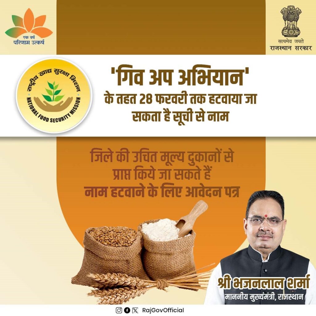 राष्ट्रीय खाद्य सुरक्षा योजना के अंतर्गत लाभ प्राप्त करने वाले अपात्र व्यक्ति के लिए, खाद्य एवं नागरिक आपूर्ति विभाग द्वारा 3 दिसम्बर, 2024 से ;गिवअप अभियान चलाया जा रहा है। अभियान के अन्तर्गत अपात्र व्यक्ति अपना नाम खाद्य सुरक्षा योजना से हटवाने हेतु, आवेदन कर सकते हैं। 28 फरवरी, 2025 तक स्वेच्छा से अपना नाम खाद्य सुरक्षा सूची से हटवाने वाले, व्यक्तियों के विरुद्ध कार्यवाही नहीं की जायेगी।
#हर_घर_खुशहाली
#आपणो_अग्रणी_राजस्थान