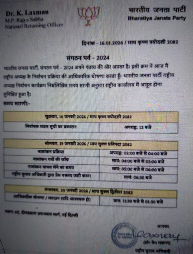 भारतीय जनता पार्टी को 20 जनवरी को नया अध्यक्ष मिल जायेगा। 12 20260116 152639