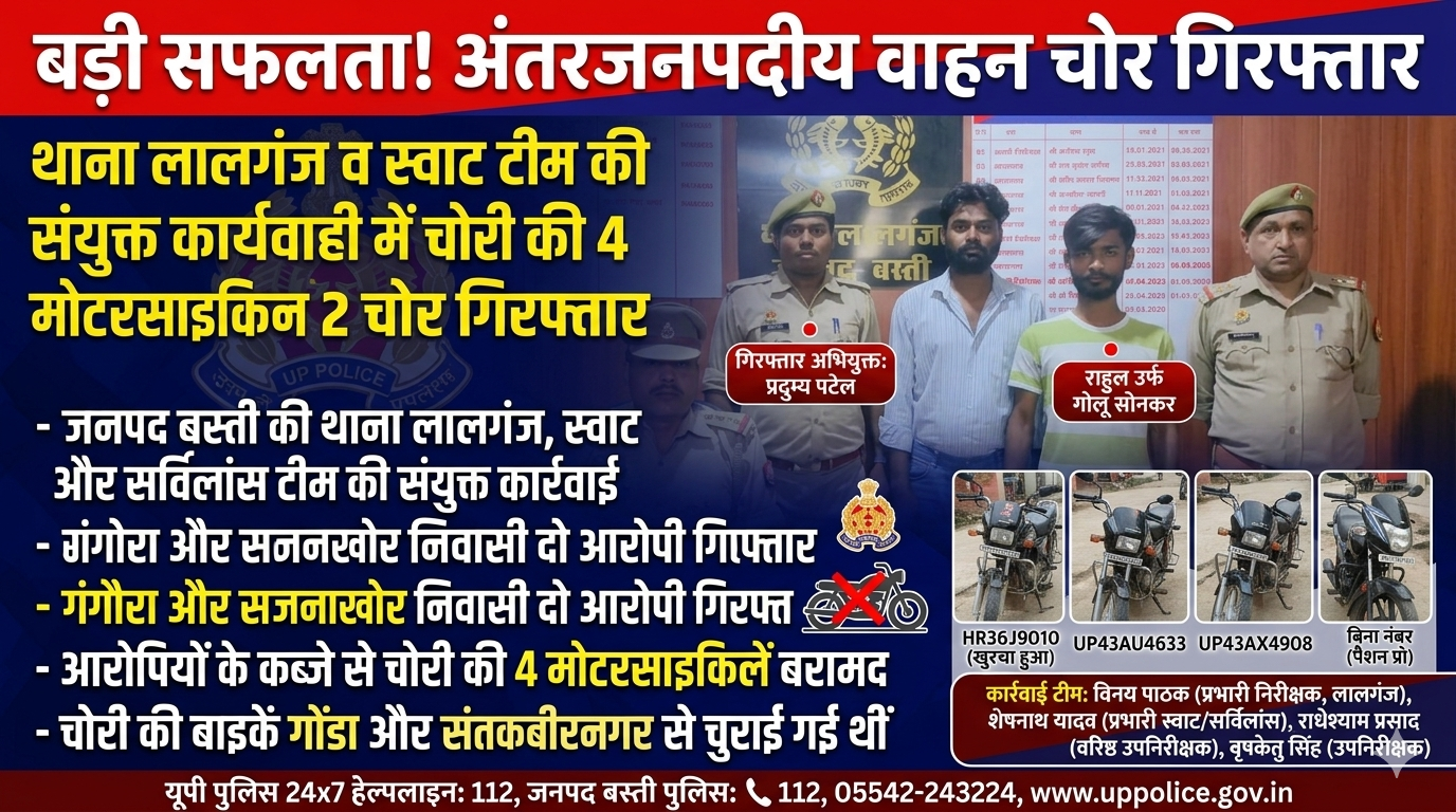 बस्ती: पुलिस व स्वाट टीम की बड़ी सफलता, 4 चोरी की बाइक के साथ दो अंतरजनपदीय चोर गिरफ्तार 1 1779708961126
