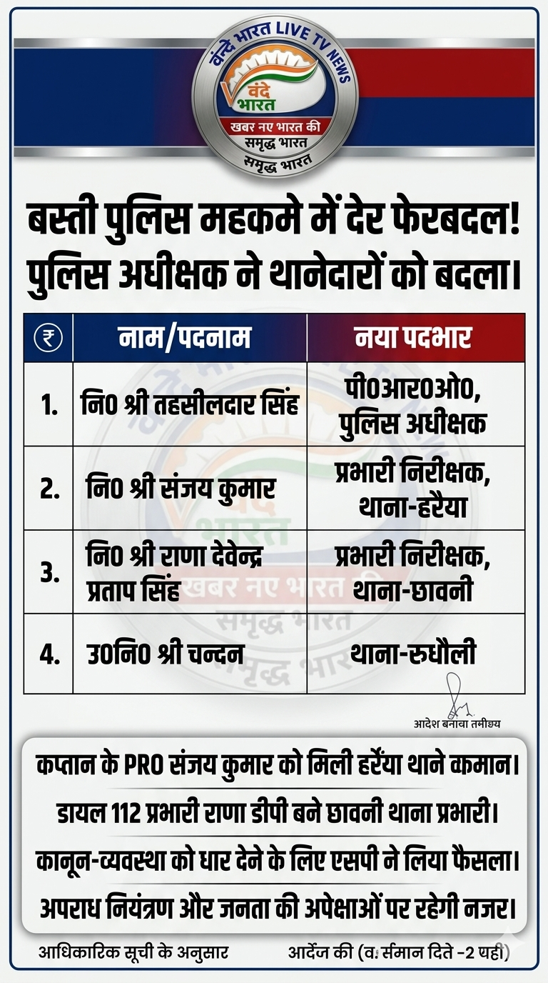 बस्ती पुलिस महकमे में बड़ा फेरबदल, एसपी ने कई थानेदारों के कार्यक्षेत्र बदले 1 1781840779884