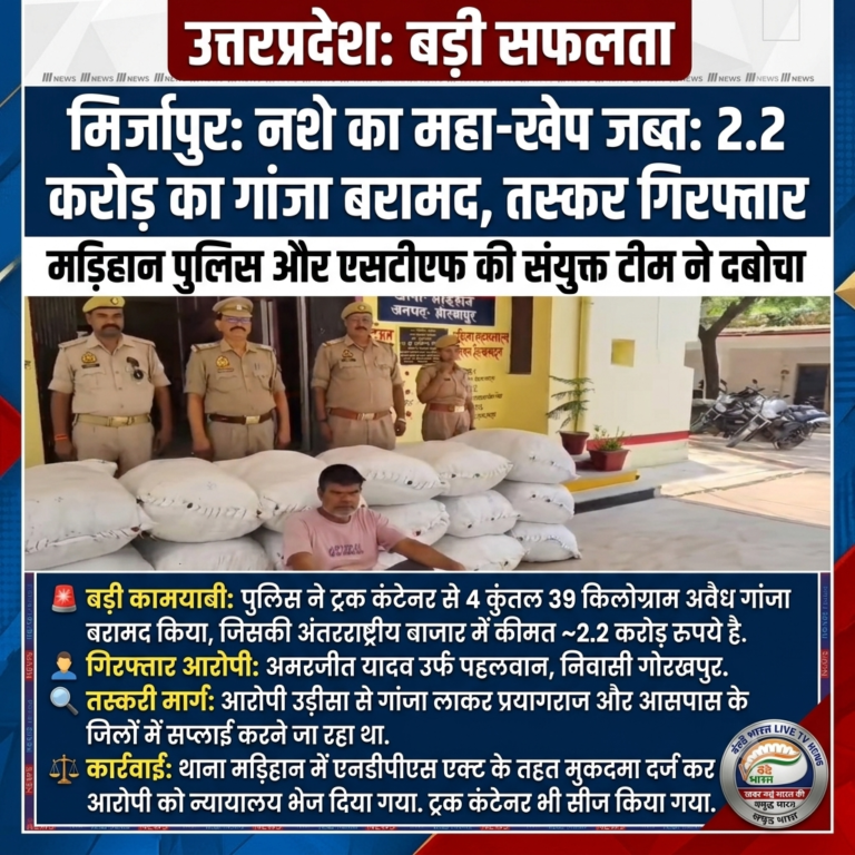 मिर्जापुर में नशे का ‘महा-खेप’ जब्त: 2.2 करोड़ का गांजा बरामद, तस्कर गिरफ्तार
