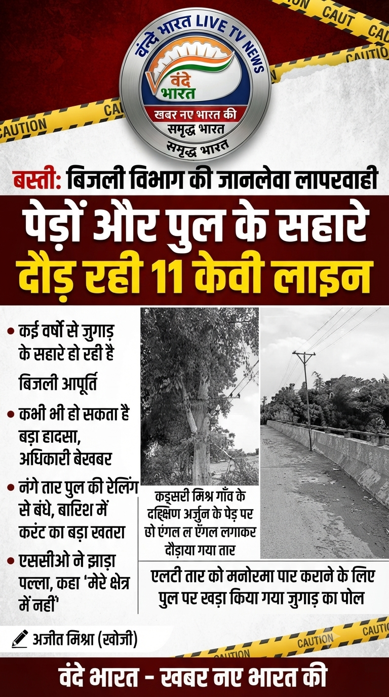 बस्ती: बिजली विभाग की जानलेवा लापरवाही, पेड़ों और पुल के सहारे दौड़ रही 11 केवी लाइन 11 1783137087685