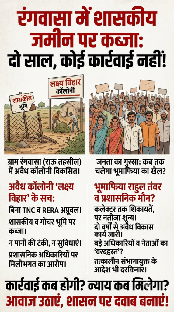 प्रशासन की नाक के नीचे भूमाफिया का खेल: रंगवासा में सरकारी और गोचर जमीन पर अवैध कॉलोनी, 2 साल बाद भी कार्रवाई शून्य 1 1783265316906