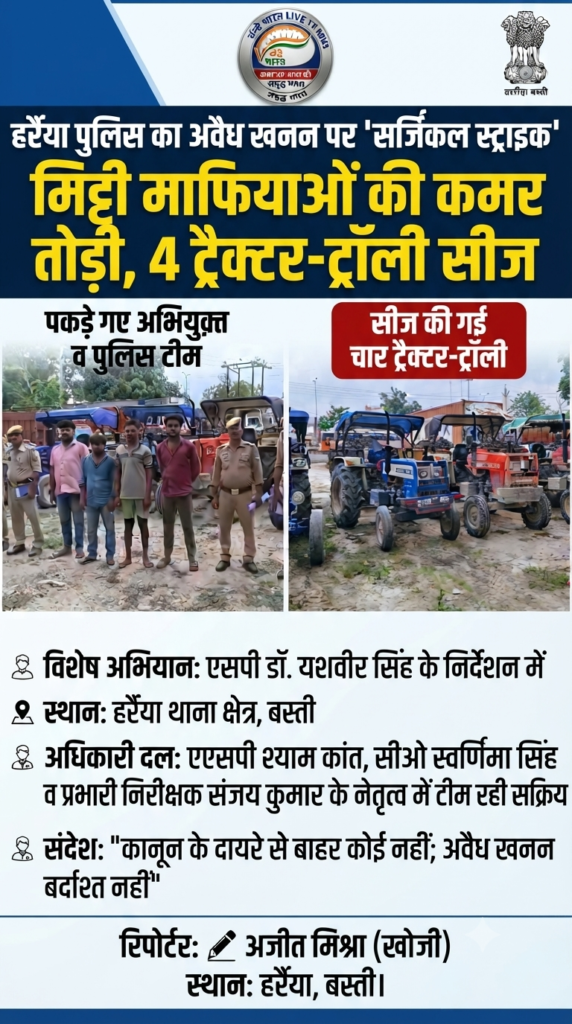 हर्रैया में पुलिस का 'ऑपरेशन क्रशर': अवैध खनन में लिप्त 4 ट्रैक्टर-ट्रॉली सीज 1 1783402622491