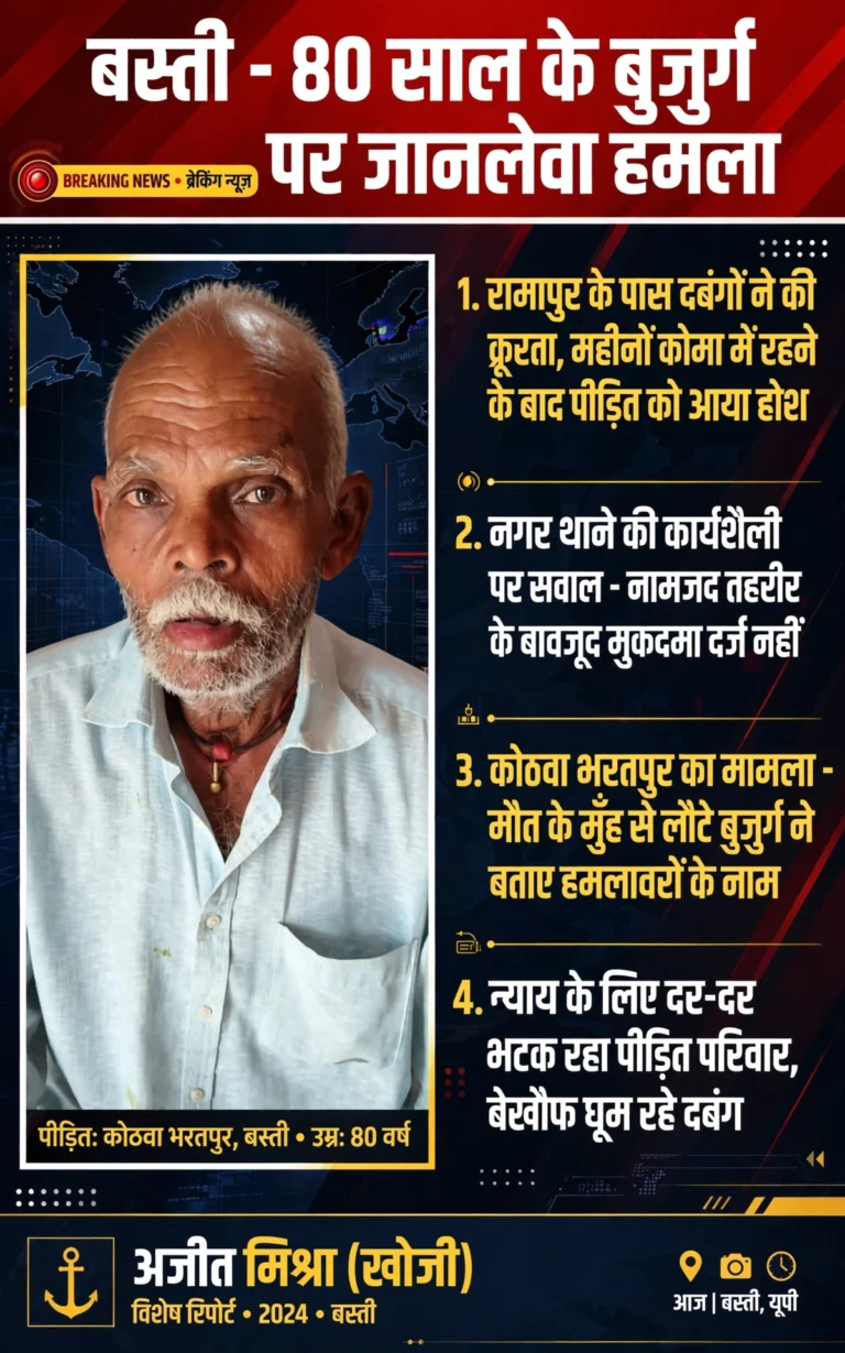 बस्ती: 80 साल के बुजुर्ग पर जानलेवा हमला; रामापुर के पास दबंगों ने की थी क्रूरता, महीनों कोमा में रहने के बाद होश में आए पीड़ित ने खोले राज़।