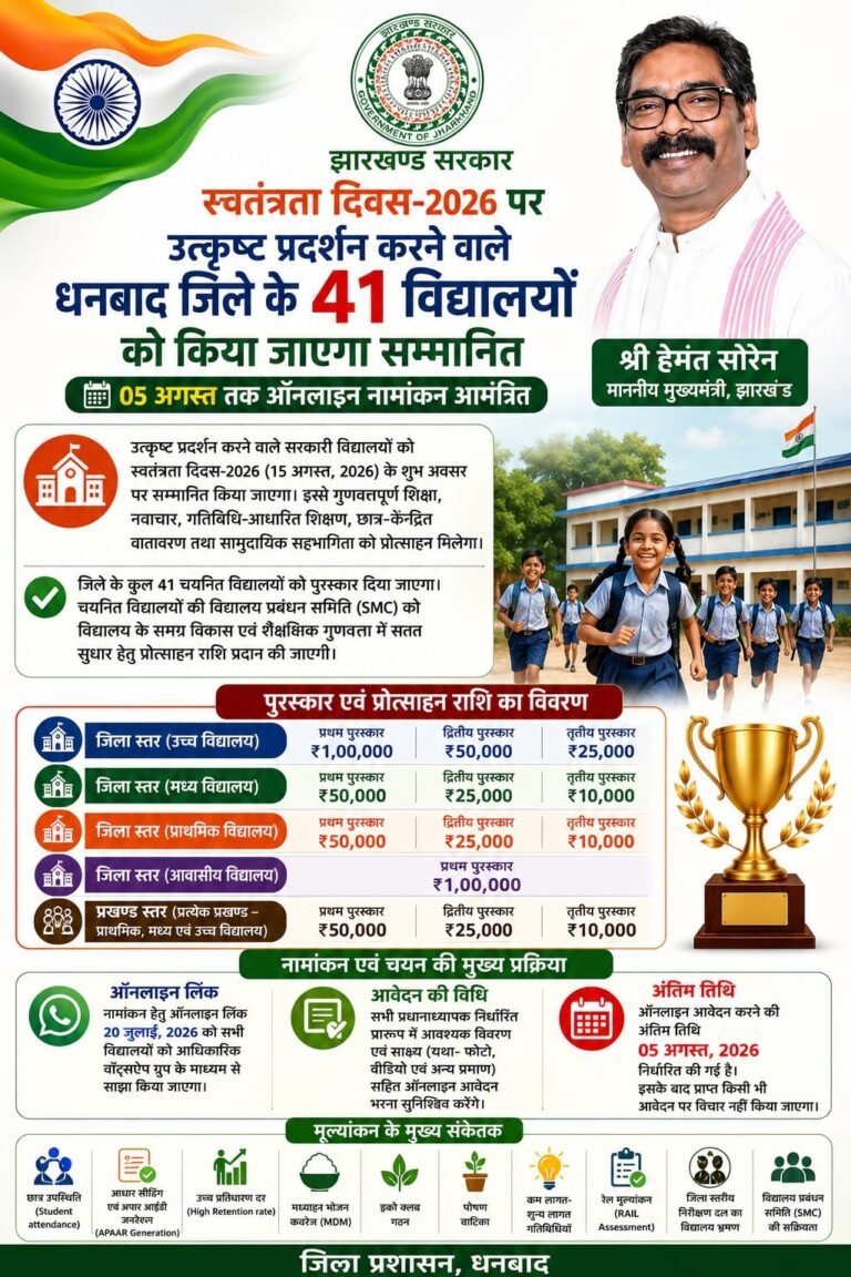 उत्कृष्ट प्रदर्शन करने वाले 41 सरकारी विद्यालयों को स्वतंत्रता दिवस के अवसर पर किया जाएगा सम्मानित 05 अगस्त तक ऑनलाइन नामांकन आमंत्रित