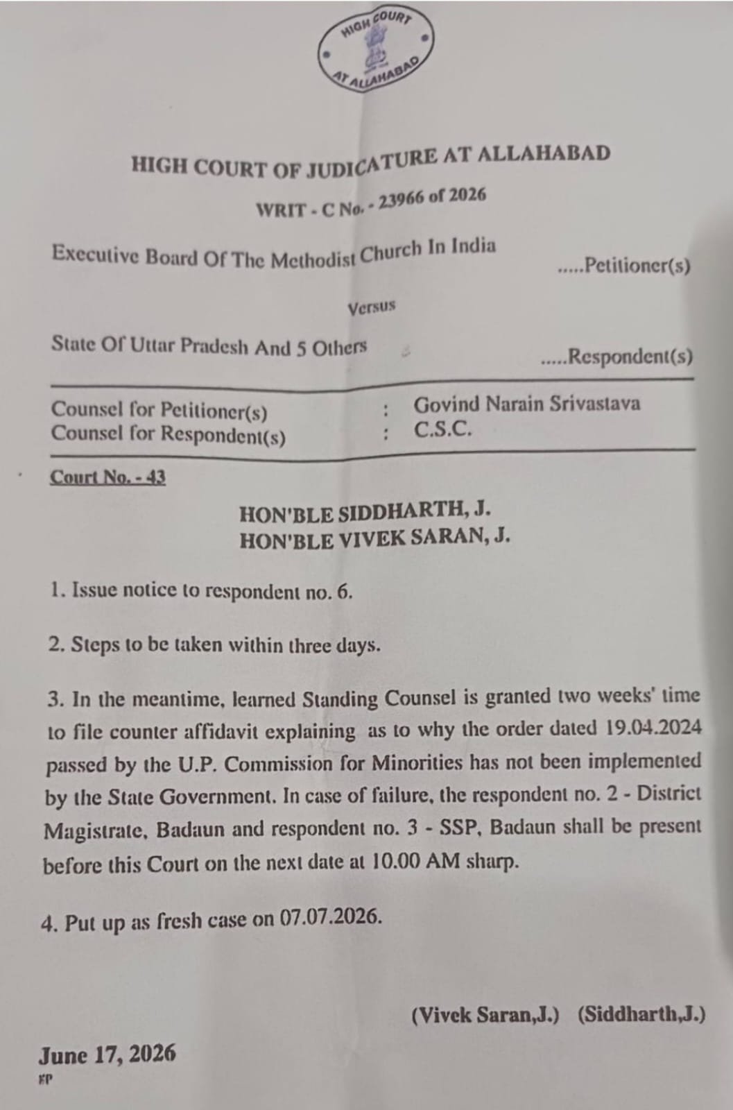 ब्रेकिंग न्यूज़ | बदायूं चर्च संपत्ति विवाद में हाईकोर्ट की सख्ती, डीएम-एसएसपी से मांगा जवाब; अवैध कब्जा हटाने और आदेशों के अनुपालन पर न्यायालय की कड़ी निगरानी 13 WhatsApp Image 2026 07 15 at 1.00.39 AM