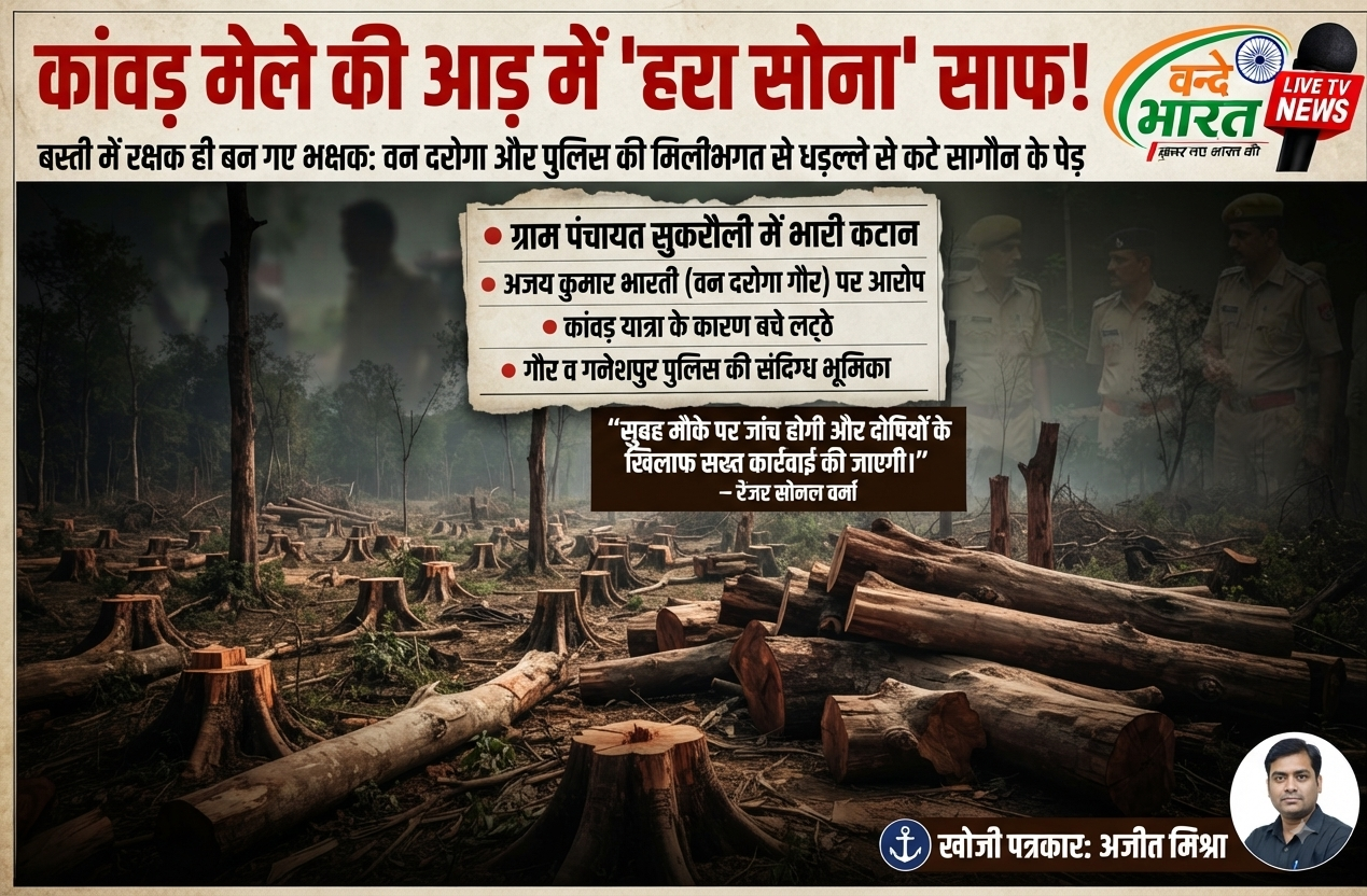 कांवड़ मेले की आड़ में 'हरा सोना' साफ: बस्ती के सुकरौली में वन दरोगा और पुलिस की मिलीभगत से धड़ल्ले से कटे सागौन के पेड़ 1 1786459963629