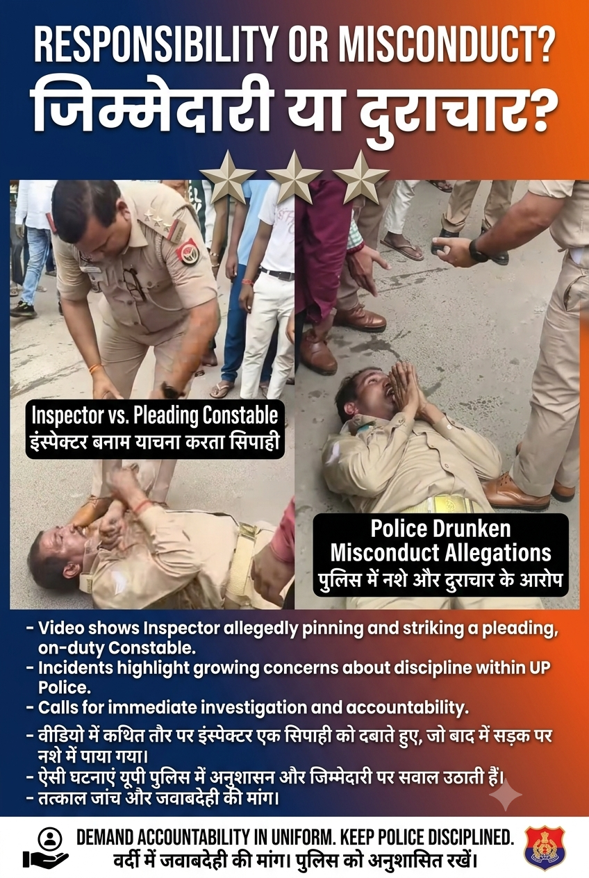 शराबी हेड कांस्टेबल का सड़क पर हाईवोल्टेज ड्रामा, साथियों ने कड़ी मशक्कत के बाद गाड़ी में बैठाया विशेष रिपोर्ट: उत्तर प्रदेश में ऑन-ड्यूटी तैनात एक पुलिसकर्मी की सरेराह हरकत का वीडियो सोशल मीडिया पर तेजी से वायरल हो रहा है। वीडियो में शराब के नशे में धुत एक हेड कांस्टेबल सड़क पर लेटकर हंगामा करता नजर आ रहा है। मामले की सूचना मिलते ही मौके पर पहुंचे वरिष्ठ अधिकारियों और साथी पुलिसकर्मियों ने काफी मशक्कत के बाद स्थिति को संभाला। घटना का विवरण * सड़क पर लेटकर हंगामा: वायरल वीडियो में देखा जा सकता है कि यूपी पुलिस की वर्दी पहना हेड कांस्टेबल अत्यधिक नशे की हालत में सड़क पर गिरा हुआ है। वह न तो ठीक से खड़ा हो पा रहा था और न ही अपनी बात स्पष्ट कह पा रहा था। * अधिकारियों का समझाने का प्रयास: मौके पर मौजूद तीन सितारा (इंसपेक्टर) रैंक के अधिकारी और अन्य पुलिसकर्मी उसे बार-बार संभालने और उठाने का प्रयास करते दिखे। अधिकारी उसे "खड़े हो जाओ, अपनी बात बताओ" कहकर समझाने की कोशिश करते रहे, लेकिन हेड कांस्टेबल हाथ जोड़कर सड़क पर ही ड्रामेबाजी करता रहा। * गाड़ी में बैठाकर ले गए साथी: जब सिपाही खुद से उठने में पूरी तरह असमर्थ रहा, तो मौके पर मौजूद तीन-चार पुलिसकर्मियों ने मिलकर उसे जबरन उठाया और पुलिस की गाड़ी में बैठाकर थाने ले गए। विभाग की साख पर उठे सवाल सरेआम वर्दी में इस तरह नशे में धुत होकर सड़क पर हंगामा करने से उत्तर प्रदेश पुलिस की छवि पर सवाल उठ रहे हैं। आसपास मौजूद राहगीरों और प्रत्यक्षदर्शियों ने पूरी घटना का वीडियो बनाकर सोशल मीडिया पर वायरल कर दिया। मामले में आरोपी हेड कांस्टेबल के खिलाफ विभागीय और अनुशासनात्मक कार्रवाई की संभावना जताई जा रही है। सड़क पर नशे में धुत PRD जवान का हाई-वोल्टेज ड्रामा, सरायमीरा तिर्वा क्रॉसिंग पर लगा लंबा जाम; वीडियो वायरल कन्नौज। सदर कोतवाली क्षेत्र के सरायमीरा तिर्वा क्रॉसिंग के पास पुराने जीटी रोड पर उस समय अफरा-तफरी का माहौल बन गया, जब ड्यूटी पर तैनात एक PRD (प्रांतीय रक्षक दल) जवान नशे की हालत में बीच सड़क पर हंगामा करने लगा। जवान के इस हाई-वोल्टेज ड्रामे के कारण सड़क पर वाहनों की लंबी कतारें लग गईं और काफी देर तक आवागमन बाधित रहा। बीच सड़क पर लेटा जवान, दरोगा भी रहे बेबस स्थानीय लोगों और राहगीरों के अनुसार, शराब के नशे में धुत PRD जवान अचानक पुराने जीटी रोड पर बीचों-बीच लेट गया और जमकर नारेबाजी व हंगामा करने लगा। घटना की सूचना मिलते ही मौके पर पहुंचे पुलिस दरोगा ने जवान को समझा-बुझाकर सड़क से हटाने का काफी प्रयास किया, लेकिन नशे में धुत्त होने के कारण जवान किसी की सुनने को तैयार नहीं था। दरोगा और स्थानीय पुलिस उसे सड़क से किनारे करने में काफी देर तक नाकाम रहे। सोशल मीडिया पर वीडियो वायरल, खाकी पर उठे सवाल घटनास्थल पर मौजूद राहगीरों ने इस पूरे ड्रामे का वीडियो अपने मोबाइल कैमरे में कैद कर लिया, जो अब सोशल मीडिया पर तेजी से वायरल हो रहा है। वर्दी में जवान की इस हरकत ने विभाग की साख और अनुशासन पर गंभीर सवाल खड़े कर दिए हैं। राहगीरों का कहना है कि सुरक्षा और यातायात व्यवस्था संभालने वाले जवानों का यह रवैया आम जनता के लिए परेशानी का सबब बन रहा है। फिलहाल, पुलिस प्रशासन द्वारा वायरल वीडियो का संज्ञान लेकर संबंधित PRD जवान पर विभागीय कार्रवाई की बात कही जा रही है। 
