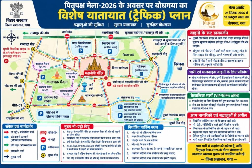 पितृपक्ष मेला -2026को लेकर बोधगया में विशेष ट्रैफिक प्लान लागू 1 पितृपक्ष मेला -2026को लेकर बोधगया में विशेष ट्रैफिक प्लान लागू - गया, बिहार