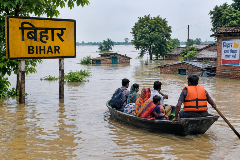 बाढ़ में डूबा बिहार, राहत के इंतजार में परिवार; जश्न से पहले पीड़ितों की चिंता जरूरी? पटना/बिहार। बिहार के कई इलाकों में बाढ़ ने जनजीवन को बुरी तरह प्रभावित किया है। घरों में पानी