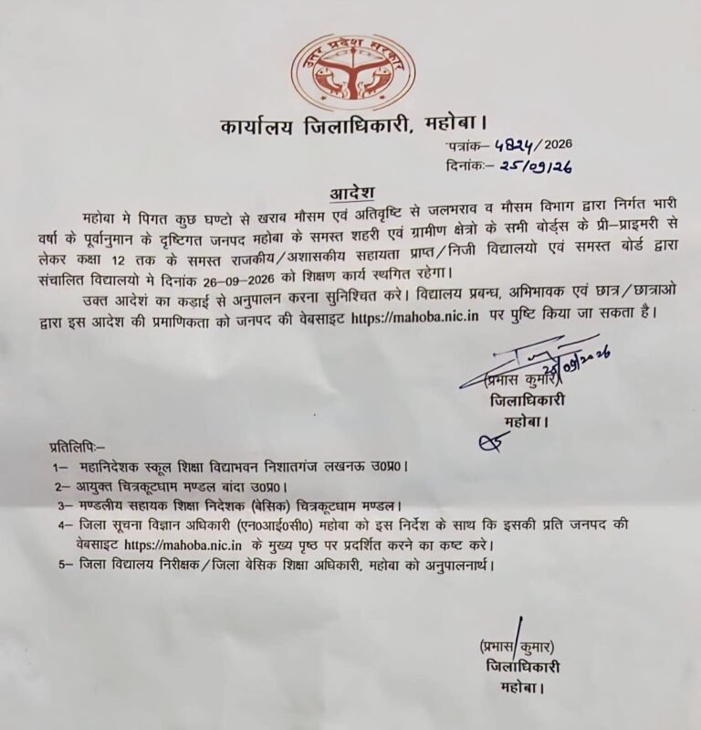 भारी बारिश के अलर्ट पर महोबा में स्कूल बंद