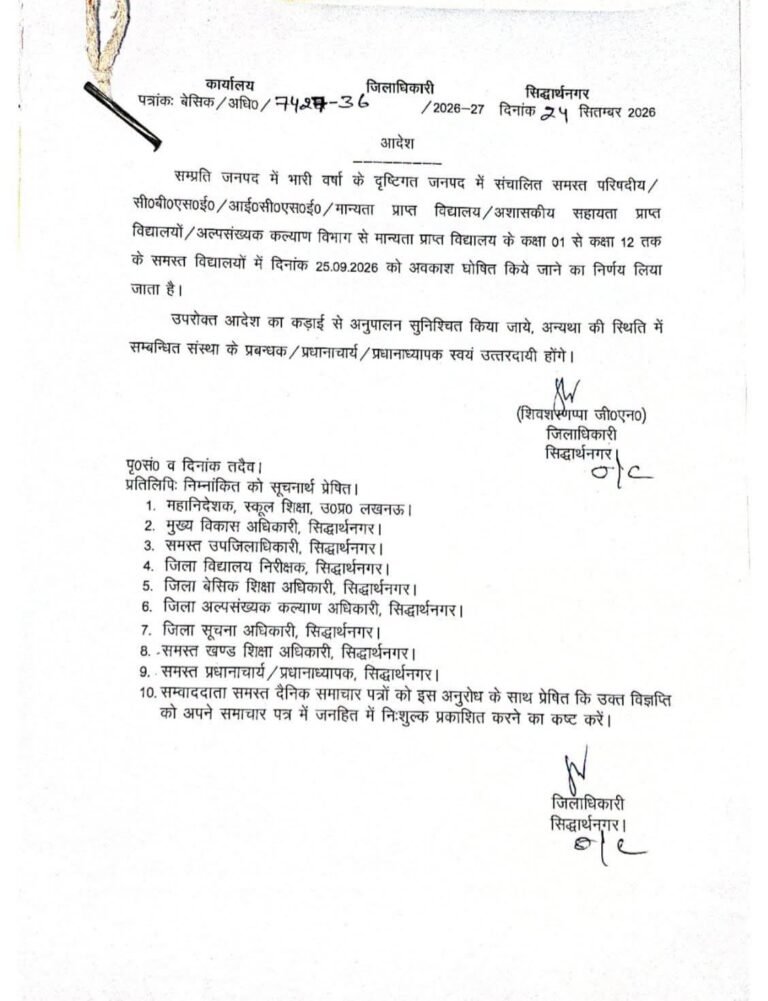 भारी बारिश के दृष्टिगत सिद्धार्थनगर जिले में 1 से 12 तक के सभी स्कूल कल बंद रहेंगे, डीएम ने दिया निर्देश