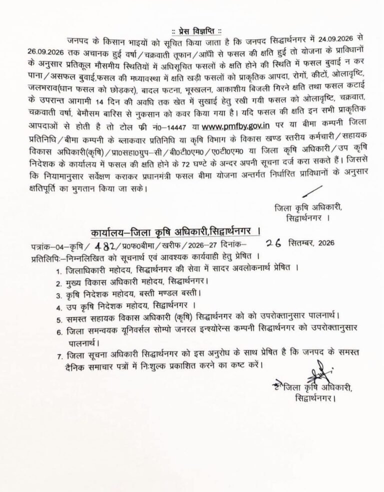 सिद्धार्थनगर के किसानों के लिए जरूरी सूचना.. बारिश-चक्रवात से फसल क्षति पर 72 घंटे में दें सूचना, मिलेगा फसल बीमा का लाभ