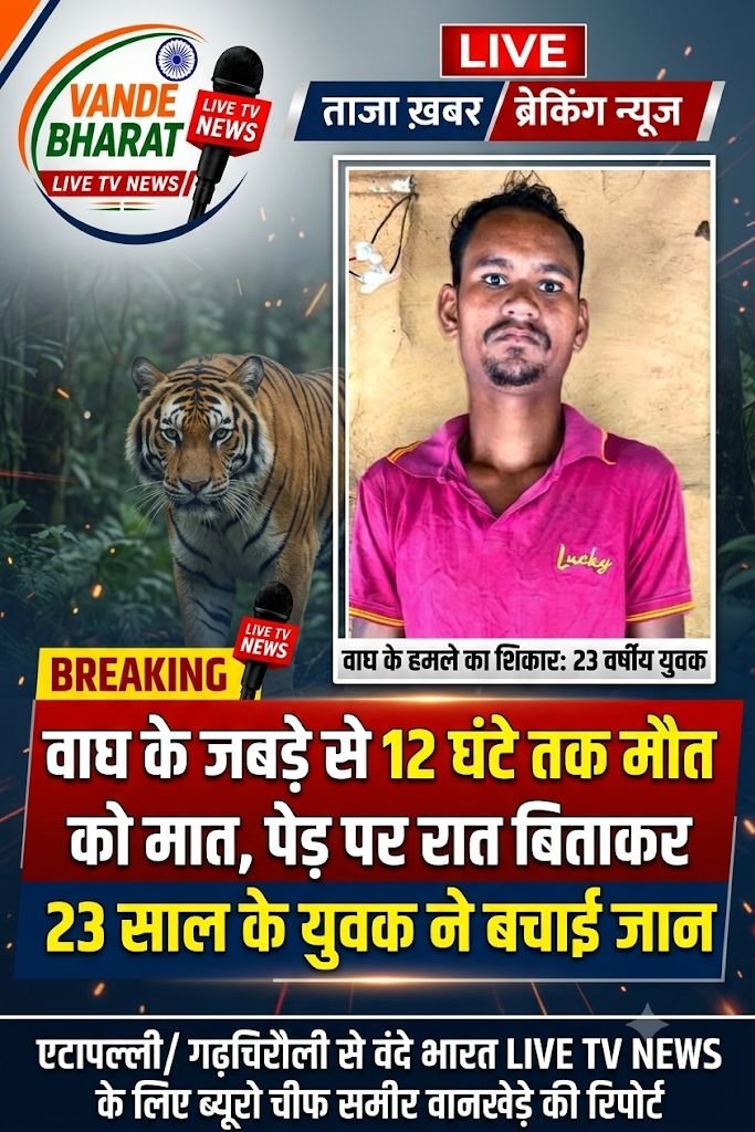 वाघ के जबड़े से 12 घंटे तक मौत को मात, पेड़ पर रात बिताकर 23 साल के युवक ने बचाई जान 1 वाघ के जबड़े से 12 घंटे तक मौत को मात, पेड़ पर रात बिताकर 23 साल के युवक ने बचाई जान - गडचिरोली, महाराष्ट्र