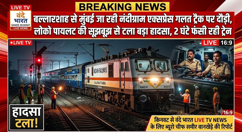 बल्लारशाह से मुंबई जा रही नंदीग्राम एक्सप्रेस गलत ट्रैक पर दौड़ी, लोको पायलट की सूझबूझ से टला बड़ा हादसा, 2 घंटे फंसी रही ट्रेन* 1 बल्लारशाह से मुंबई जा रही नंदीग्राम एक्सप्रेस गलत ट्रैक पर दौड़ी, लोको पायलट की सूझबूझ से टला बड़ा हादसा, 2 घंटे फंसी रही ट्रेन* - नांदेड, महाराष्ट्र