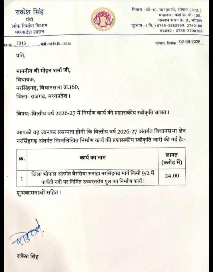 बैरसिया–रुनाहा–नरसिंहगढ़ मार्ग पर पार्वती नदी के उच्चस्तरीय पुल को मिली प्रशासनिक स्वीकृति 24 करोड़ की लागत से होगा निर्माण