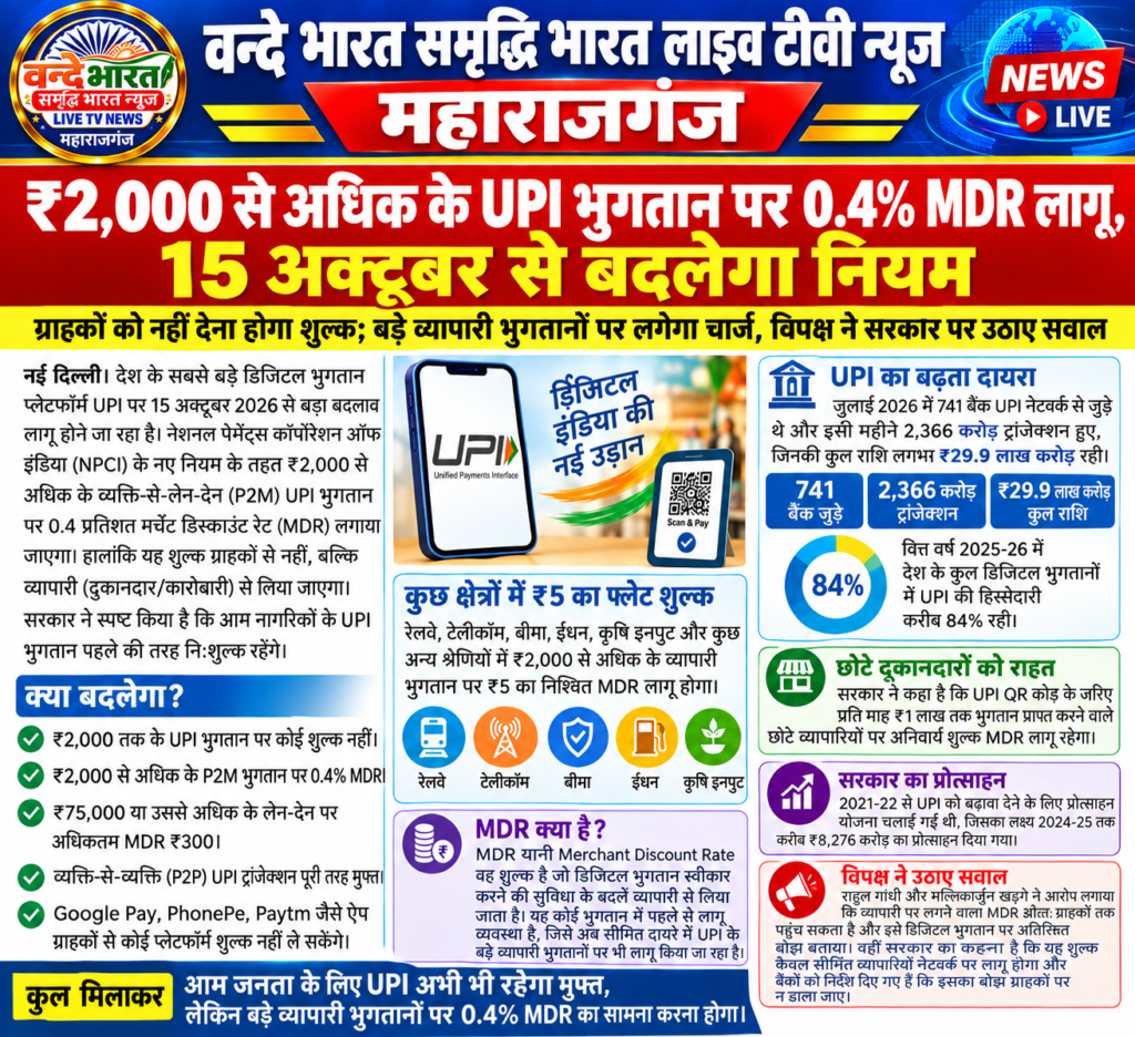 ₹2,000 से अधिक के UPI भुगतान पर 0.4% MDR लागू, 15 अक्टूबर से बदलेगा नियम। ग्राहकों को नहीं देना होगा शुल्क; बड़े व्यापारी भुगतानों पर लगेगा चार्ज, विपक्ष ने सरकार पर उठाए सवाल। 1 ₹2,000 से अधिक के UPI भुगतान पर 0.4% MDR लागू, 15 अक्टूबर से बदलेगा नियम। ग्राहकों को नहीं देना होगा शुल्क; बड़े व्यापारी भुगतानों पर लगेगा चार्ज, विपक्ष ने सरकार पर उठाए सवाल। - MAHRAJGANJ, उत्तर प्रदेश
