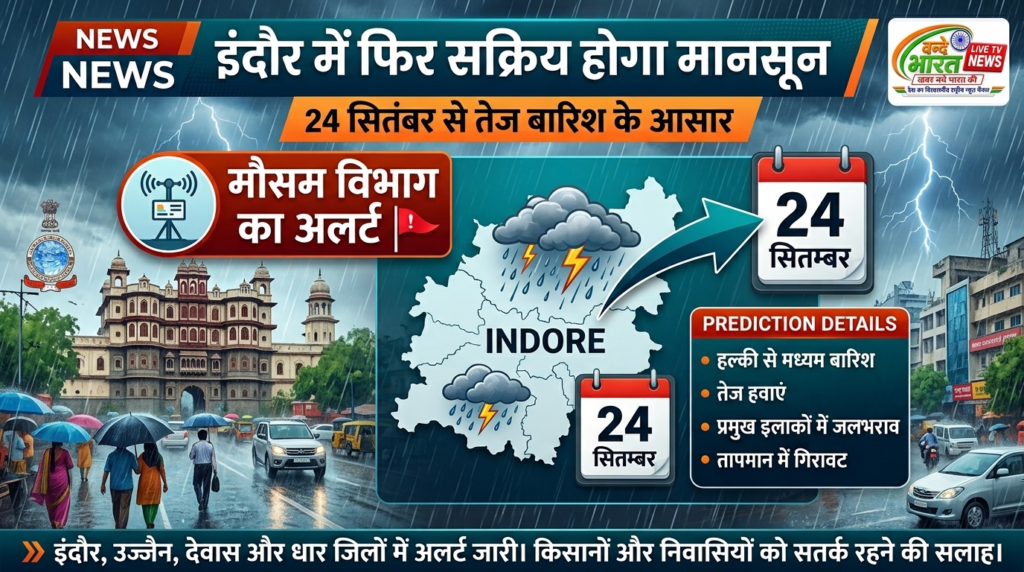 इंदौर में फिर सक्रिय होगा मानसून, 24 सितंबर से तेज बारिश के आसार: मौसम विभाग का अलर्ट 1 इंदौर में फिर सक्रिय होगा मानसून, 24 सितंबर से तेज बारिश के आसार: मौसम विभाग का अलर्ट - इन्दौर, मध्य प्रदेश