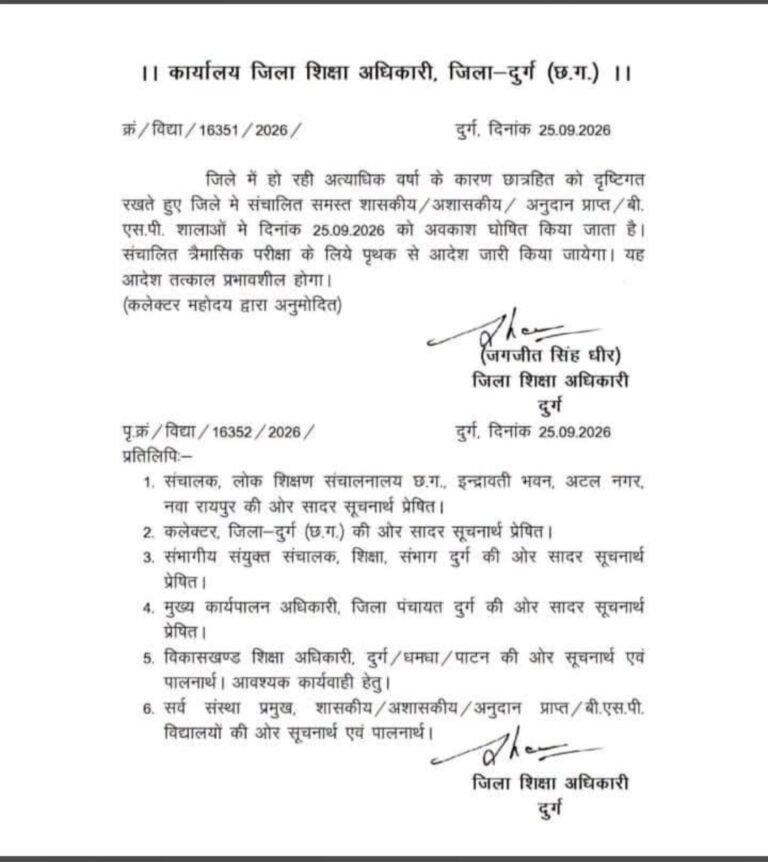 भारी बारिश के चलते दुर्ग जिले के स्कूलों में आज छुट्टी घोषित
