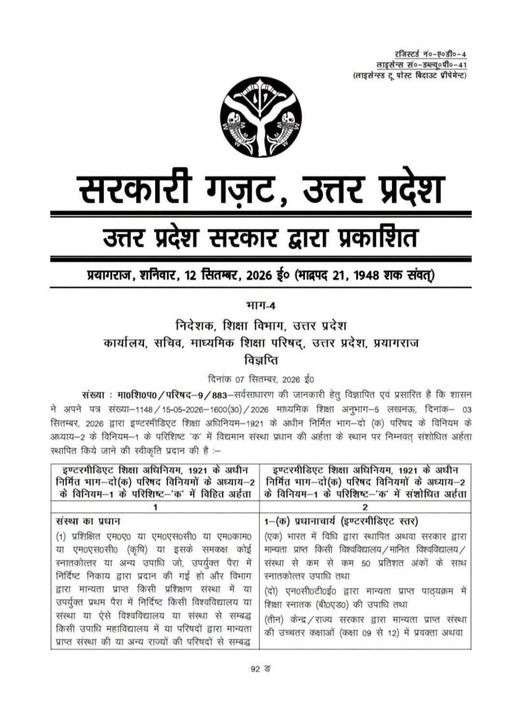 उत्तर प्रदेश में प्राथमिक शिक्षक भर्ती की नई नियमावली को शासन की अंतिम मंजूरी मिलने के बाद आधिकारिक गजट किया गया जारी 1 उत्तर प्रदेश में प्राथमिक शिक्षक भर्ती की नई नियमावली को शासन की अंतिम मंजूरी मिलने के बाद आधिकारिक गजट किया गया जारी - MAHRAJGANJ, उत्तर प्रदेश