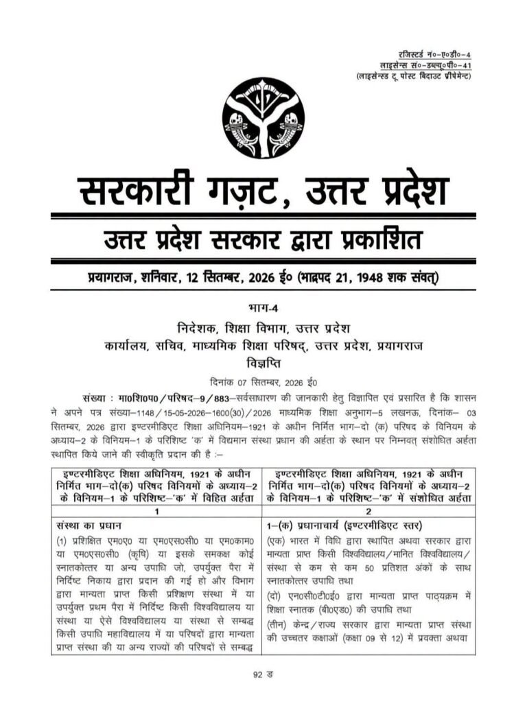 उत्तर प्रदेश में प्राथमिक शिक्षक भर्ती की नई नियमावली को शासन की अंतिम मंजूरी मिलने के बाद आधिकारिक गजट किया गया जारी