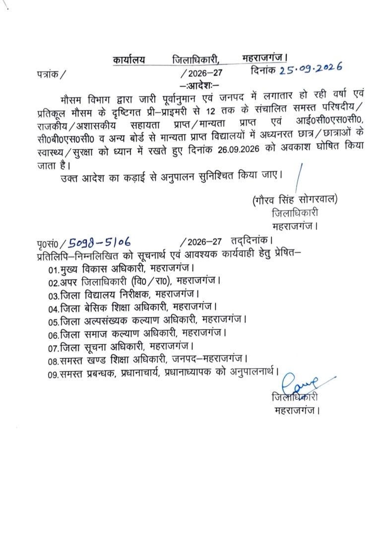 भारी बारिश को देखते हुए जिला अधिकारी महराजगंज ने 1 से 12 वीं तक के विद्यालयो दिनांक 26 सितंबर को बन्द करने का दिया आदेश