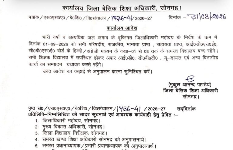 भारी बारिश के चलते सोनभद्र में कक्षा 1 से 8 तक के विद्यालय आज रहेंगे बंद
