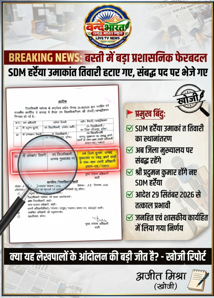 हर्रैया तहसील घमासान: लेखपालों के आंदोलन के आगे झुका जिला प्रशासन, एसडीएम उमाकांत त्रिपाठी हटाए गए! 1 हर्रैया तहसील घमासान: लेखपालों के आंदोलन के आगे झुका जिला प्रशासन, एसडीएम उमाकांत त्रिपाठी हटाए गए! - BASTI, उत्तर प्रदेश