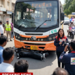 राजकोट के मवड़ी रोड स्थित विश्वेश्वर मार्केट के पास बड़ा हादसा: सिटी बस ने बाइक को मारी टक्कर