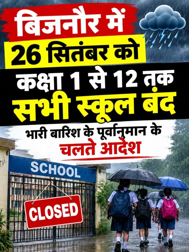 बिजनौर में 26 सितंबर को कक्षा 1 से 12 तक सभी स्कूल बंद, भारी बारिश के पूर्वानुमान के चलते आदेश - BIJNOR, उत्तर प्रदेश