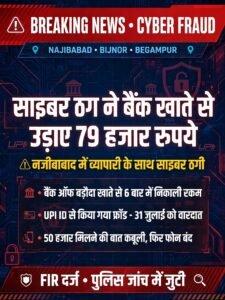 नजीबाबाद में साइबर ठगों का कारनामा: व्यापारी के बैंक खाते से उड़ाए 79 हजार रुपये, 6 बार में निकाली रकम