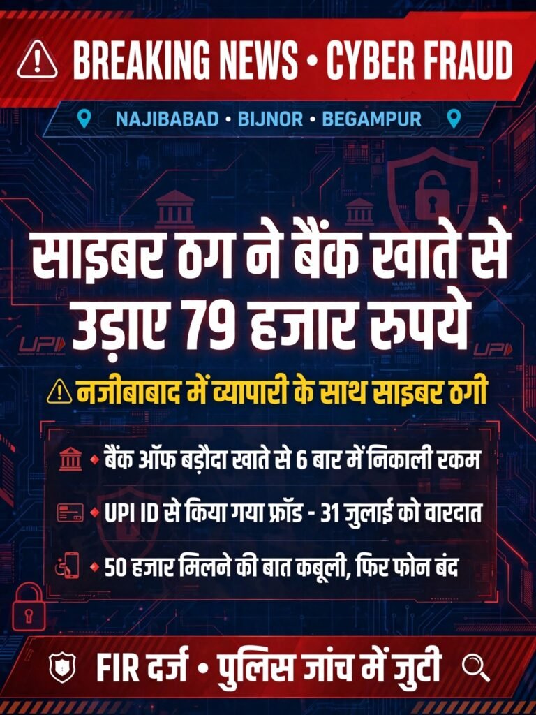 नजीबाबाद में साइबर ठगों का कारनामा: व्यापारी के बैंक खाते से उड़ाए 79 हजार रुपये, 6 बार में निकाली रकम