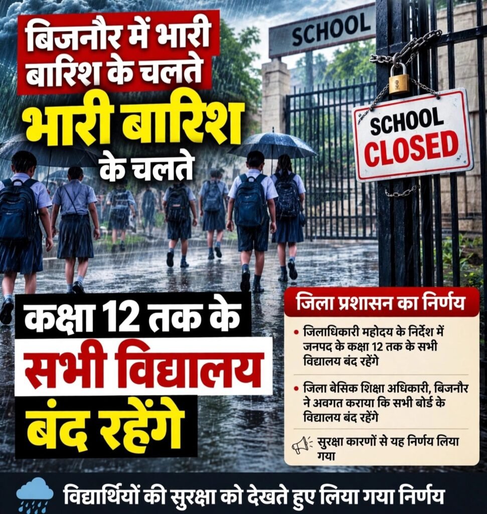 ब्रेकिंग न्यूज: बिजनौर में भारी बारिश के चलते कक्षा 12 तक के सभी विद्यालय बंद 1 ब्रेकिंग न्यूज: बिजनौर में भारी बारिश के चलते कक्षा 12 तक के सभी विद्यालय बंद - BIJNOR, उत्तर प्रदेश