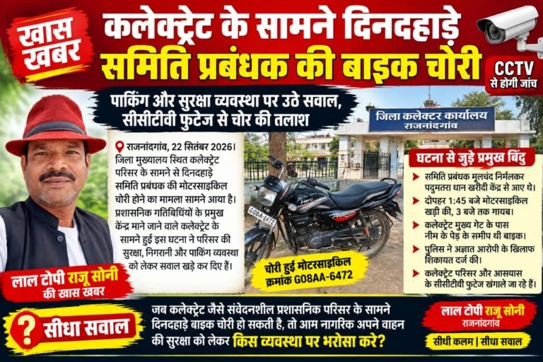 *कलेक्ट्रेट के सामने दिनदहाड़े समिति प्रबंधक की बाइक चोरी* *पार्किंग और सुरक्षा व्यवस्था पर उठे सवाल, सीसीटीवी फुटेज से चोर की तलाश*