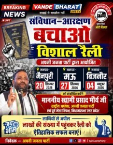 संविधान–आरक्षण बचाओ अभियान को धार देगी अपनी मैनपुरी, मऊ और बिजनौर में आयोजित होंगी विशाल जनसभाएं, स्वामी प्रसाद मौर्य करेंगे संबोधितजनता पार्टी, तीन जिलों में होगी विशाल रैली