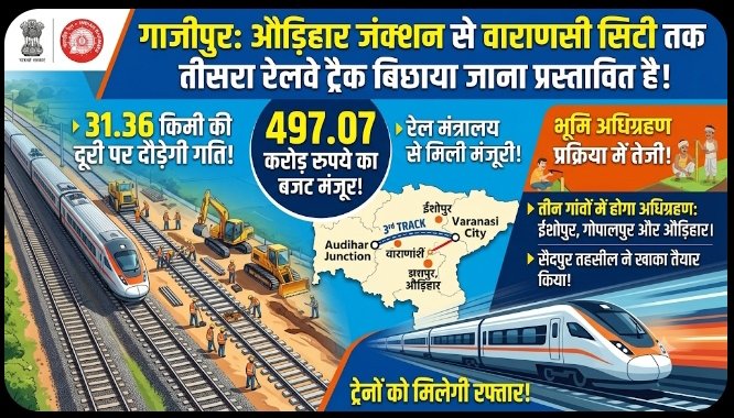 औड़िहार-वाराणसी सिटी रूट पर बिछेगा तीसरा रेलवे ट्रैक: 497 करोड़ की परियोजना में तेजी, तीन गांवों में होगा भूमि अधिग्रहण 1 औड़िहार-वाराणसी सिटी रूट पर बिछेगा तीसरा रेलवे ट्रैक: 497 करोड़ की परियोजना में तेजी, तीन गांवों में होगा भूमि अधिग्रहण - GHAZIPUR, उत्तर प्रदेश