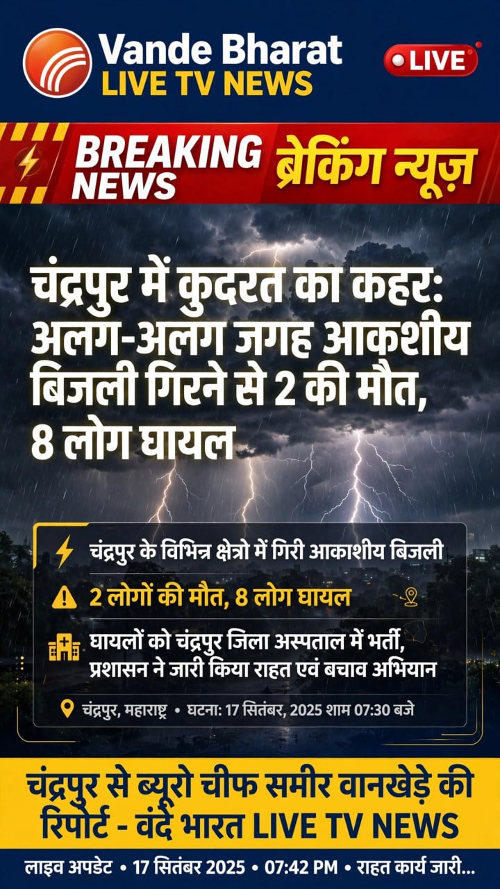 चंद्रपुर में कुदरत का कहर: अलग-अलग जगह आकाशीय बिजली गिरने से 2 की मौत, 8 लोग घायल चंद्रपुर से वंदे भारत LIVE TV NEWS के लिए ब्यूरो चीफ समीर वानखेड़े की रिपोर्ट
