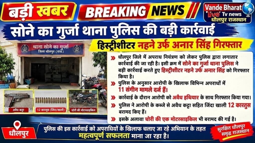बड़ी खबर | सोने का गुर्जा थाना पुलिस की बड़ी कार्रवाई हिस्ट्रीशीटर नहने उर्फ अनार सिंह गुर्जर गिरफ्तार - DHOLPUR, राजस्थान
