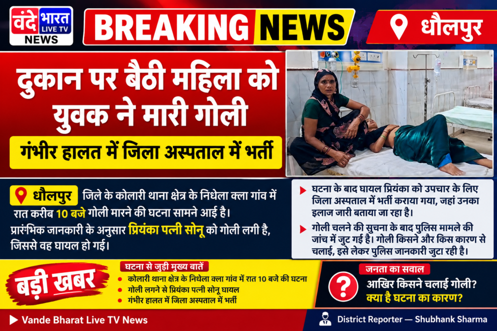 कोलारी थाना क्षेत्र के निधेला क्ला गांव में रात 10 बजे की घटना गोली लगने से प्रियंका पत्नी सोनू घायल - DHOLPUR, राजस्थान