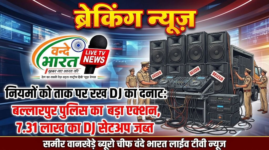 नियमों को ताक पर रख DJ का दनदनाट: बल्लारपुर पुलिस का बड़ा एक्शन, 7.31 लाख का DJ सेटअप जब्त 1 नियमों को ताक पर रख DJ का दनदनाट: बल्लारपुर पुलिस का बड़ा एक्शन, 7.31 लाख का DJ सेटअप जब्त - चंद्रपूर, महाराष्ट्र