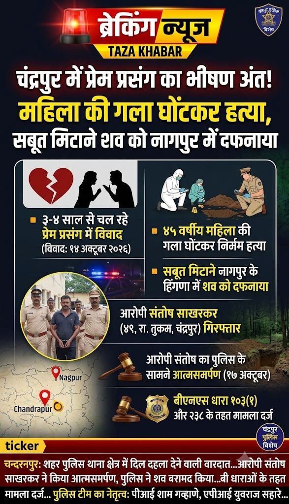 चंद्रपुर में प्रेम संबंध का खौफनाक अंत: झगड़े के बाद प्रेमिका की गला दबाकर हत्या, सबूत मिटाने के लिए शव को नागपुर के हिंगणा में दफनाया