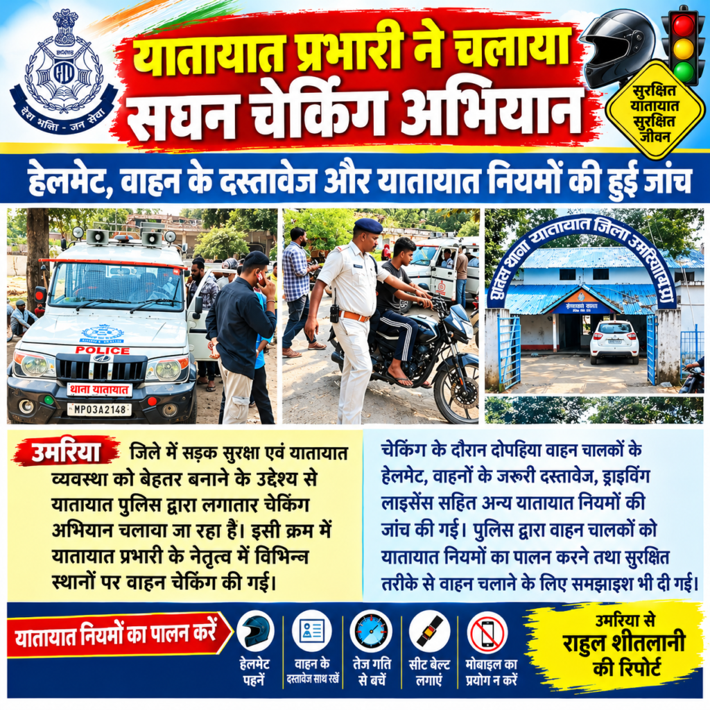 यातायात प्रभारी ने चलाया सघन चेकिंग अभियान हेलमेट, वाहन के दस्तावेज और यातायात नियमों की हुई जांच - उमरिया, मध्य प्रदेश