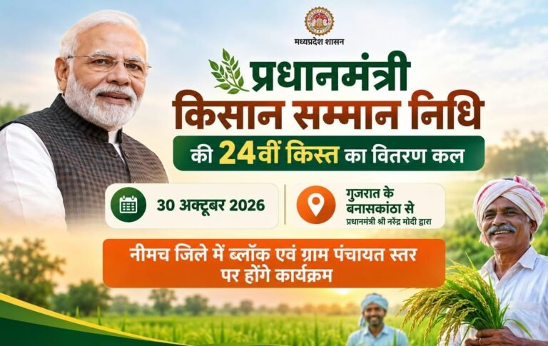 जिला रिपोर्टर सुरेश चौहान आगर मालवा मध्य प्रदेश 30 अक्टूबर को किसानों के खातों में आएगी पीएम किसान सम्मान निधि की 24वीं किस्त बनासकांठा से प्रधानमंत्री नरेंद्र मोदी करेंगे राशि का