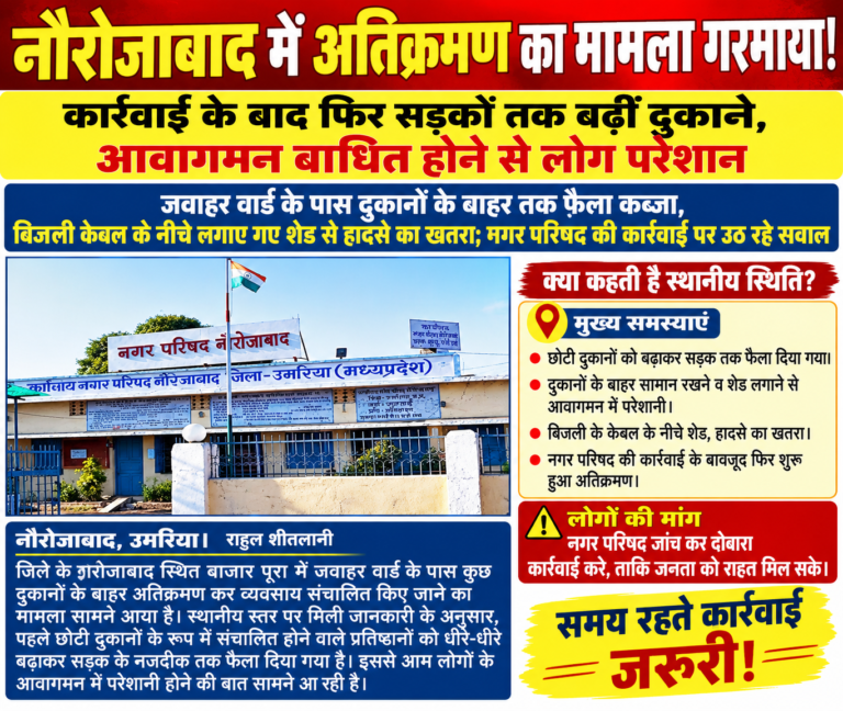 नौरोजाबाद में अतिक्रमण पर कार्रवाई के बाद भी हालात जस के तस! बाजार पूरा में सड़क तक पहुंचीं दुकानें जवाहर वार्ड के पास दुकानों के विस्तार से आवागमन प्रभावित होने की शिकायत, बिजली क
