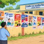 सरकारी स्कूल की दीवार पर चुनावी पोस्टर, निगरानी पर सवाल