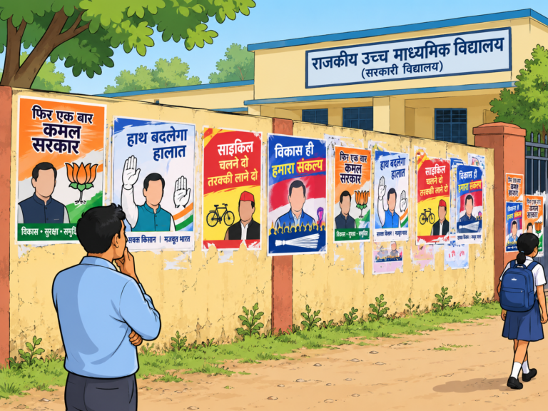 सरकारी स्कूल की दीवार पर चुनावी पोस्टर, निगरानी पर सवाल