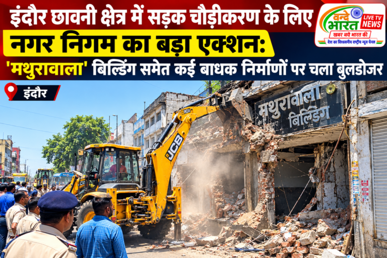 इंदौर छावनी क्षेत्र में सड़क चौड़ीकरण के लिए नगर निगम का बड़ा एक्शन: ‘मथुरावाला’ बिल्डिंग समेत कई बाधक निर्माणों पर चला बुलडोजर