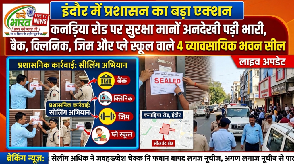 कनाड़िया रोड पर प्रशासन का बड़ा बुलडोज़र एक्शन: सुरक्षा मानकों में अनदेखी पर बैंक, क्लिनिक, जिम और प्ले स्कूल समेत 4 व्यावसायिक भवन सील - इन्दौर, मध्य प्रदेश