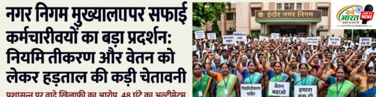 इंदौर | नगर निगम मुख्यालय पर प्रदर्शन: नियमितीकरण और वेतन को लेकर सफाई कर्मचारियों ने दी हड़ताल की चेतावनी, शहर की स्वच्छता व्यवस्था पर संकट